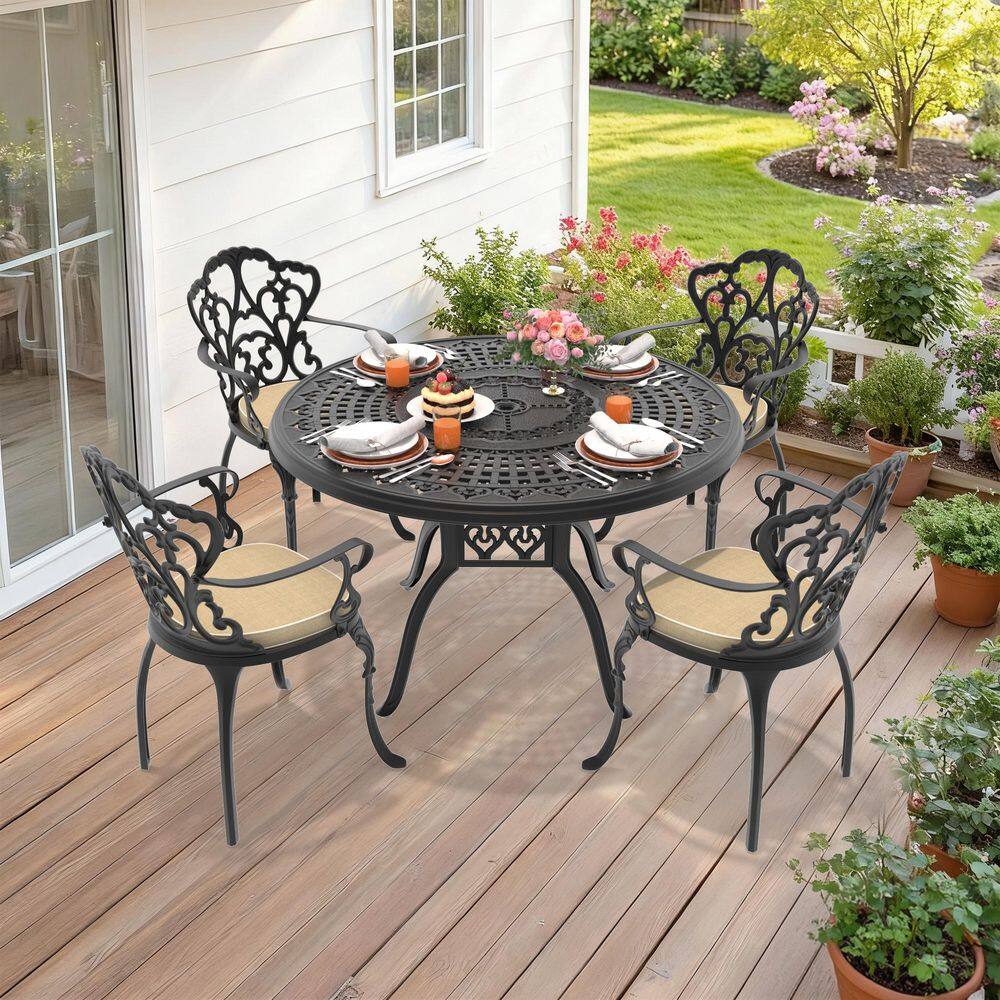 Black 5-Piece Cast Aluminum Outdoor Dining Set, 47.24 in. Round Dining Table and 4 Patio Chairs with Off-White Cushions price history on PriceWatchPro