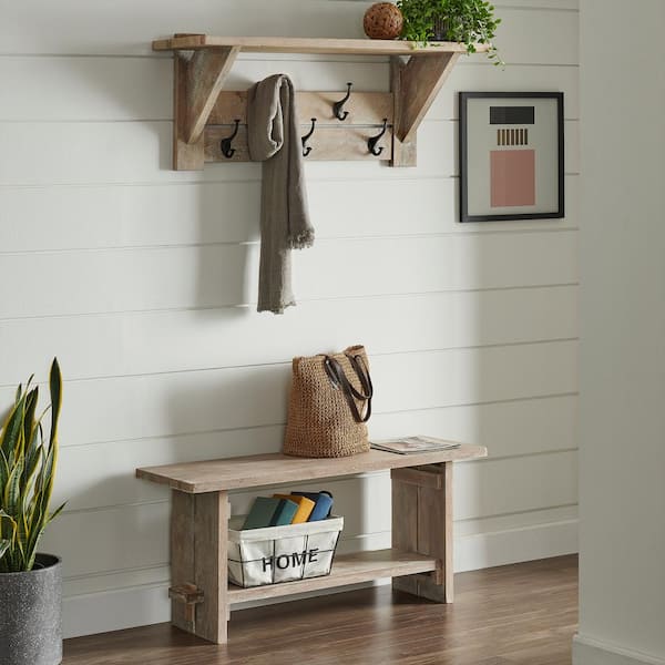 Castleton 40 in. Entryway Bench and Coat Rack Set with Shelf, Rustic Farmhouse Hall Tree for Mudroom or Foyer, Driftwood