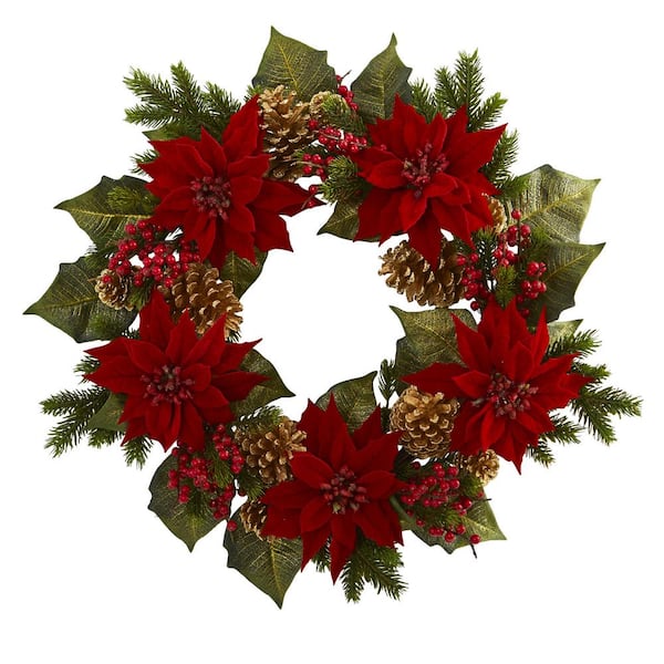 Nearly Natural 24in. Artificial Unlit Artificial Holiday Wreath with Poinsettia, Berry and Golden Pine Cone
