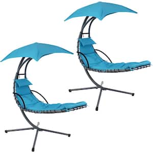 2-Piece Steel Outdoor Floating Chaise Lounge with Canopy Umbrella and Teal Cushions