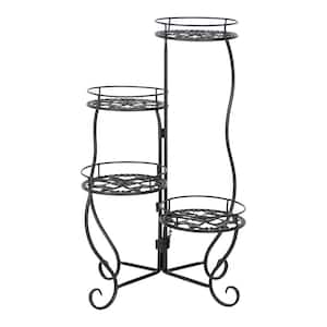 28 in. H Black Round Metal Indoor Plant Stand with 4-Tier
