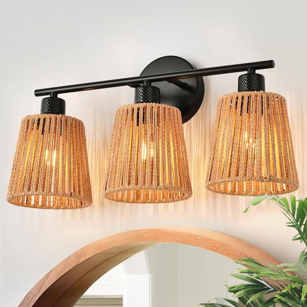 Henveton Nafissa 19.29 in. 3 Light Brown Boho Vanity Light with Rattan Shade, Modern Famhouse Bathroom Over Mirror Lights