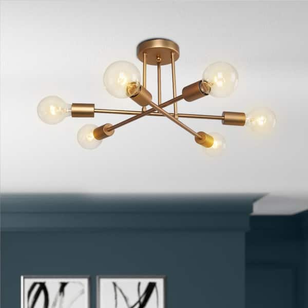 Rennnsan Sylvia 18.89 in. 6-Light Gold Dimmable Sputnik Modern Linear Semi Flush Mount Light