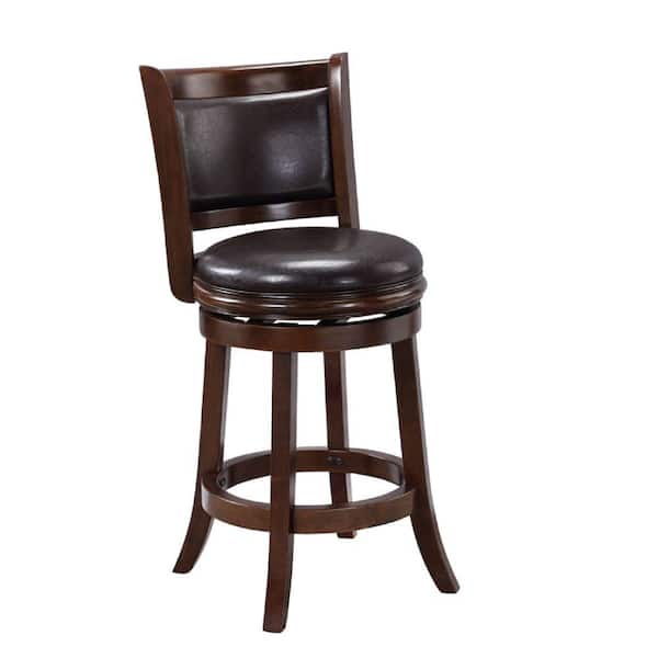 Benjara Espresso Brown Full Back Wooden Frame Faux Leather Upholstered Swivel Counter Bar Stool