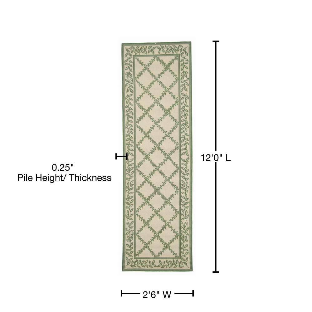 Ivory and Light Green Wool Floral Tufted Runner Rug, 2'6" x 12'