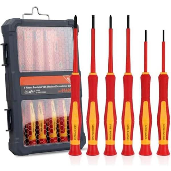 1000V Mini Insulated Precision Screwdriver Set 6-Piece Magnetic Tip Slotted Phillips Red Hand Tool Kit