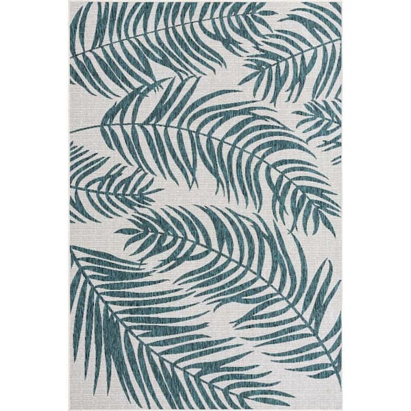 Unique Loom Outdoor Botanical Palm Teal Ivory 6 ft. 1 in. x 9 ft. Area Rug
