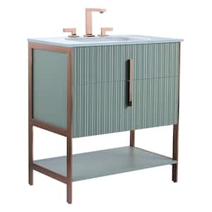 30 in. W x 18 in. D x 33.5 in. H Bath Vanity in Mint Green with Glass Vanity Top in White With Gold Hardware