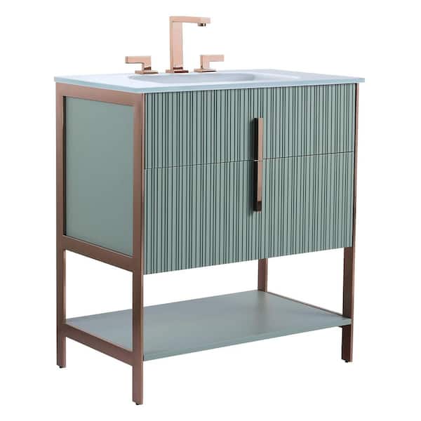 FINE FIXTURES 30 in. W x 18 in. D x 33.5 in. H Bath Vanity in Mint Green with Glass Vanity Top in White With Gold Hardware