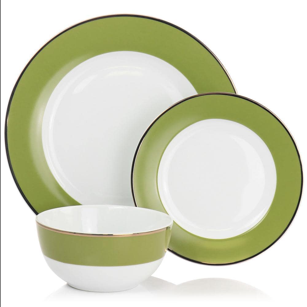 Green and Gold Rimmed 12-Piece Ceramic Dinnerware Set
