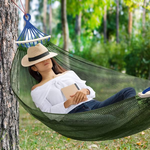 9.5 ft. Portable Breathable Mesh Nylon Hammock Bed with Balance Beam Tree Ropes and Storage Bag in Green