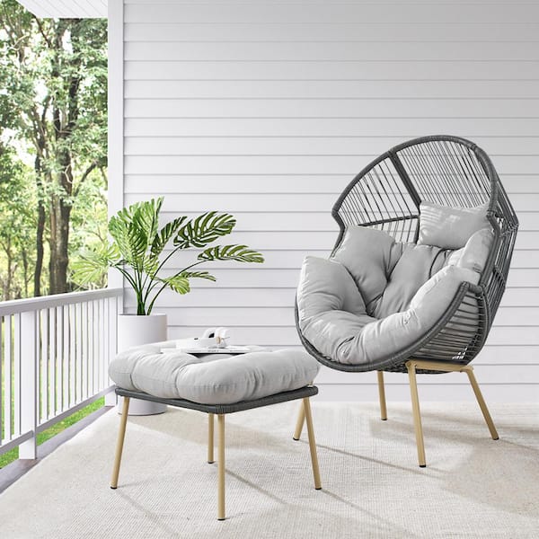 moosprr Patio Dark Gray Wicker Egg Chair Outdoor Lounge Chair with Light Gray Cushions and Ottoman