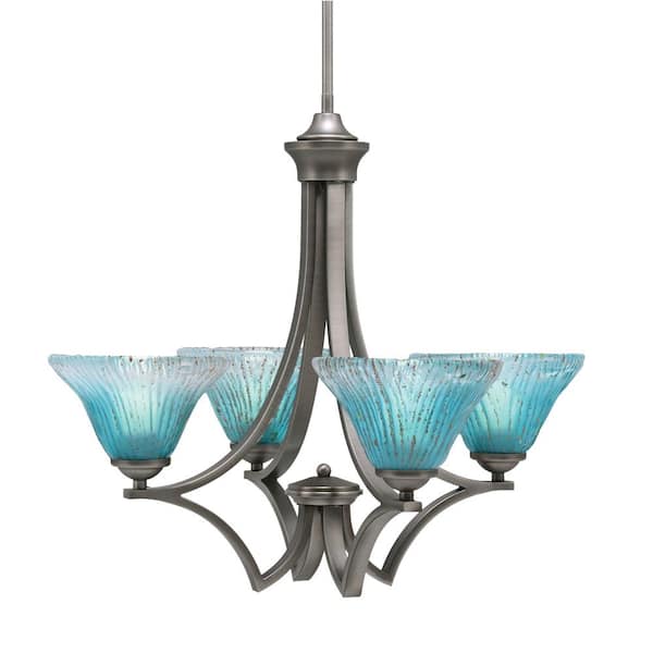 Unbranded Clevelend 4-Light Graphite Round Chandelier with 7 in. Teal Crystal Glass Shades, No bulbs included