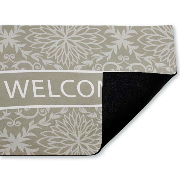 Green Damask Welcome White 18 in. x 30 in. Polyester Non-Slip Outdoor Door Mat
