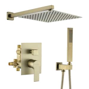 1-Spray Patterns with 2.5 GPM 12 in. Wall Mount Dual Shower Heads with Pressure Balance Valve in Brushed Gold
