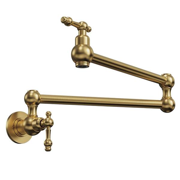 24 in. Wall-Mount Double-Handle Pot Filler Faucet with Dual Swing Arms Spot Resist in Brushed Gold