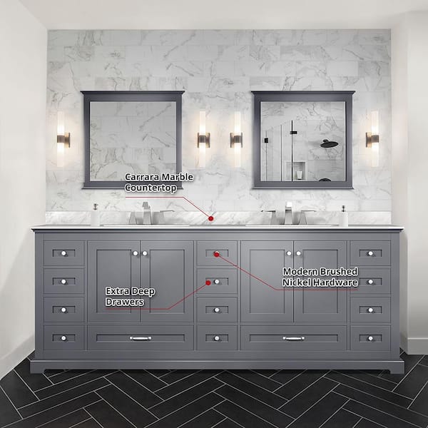 Lexora Dukes 84 in. W x 22 in. D Dark Grey Double Bath Vanity, Carrara Marble  Top, and 34 in. Mirrors LD342284DBDSM34 - The Home Depot