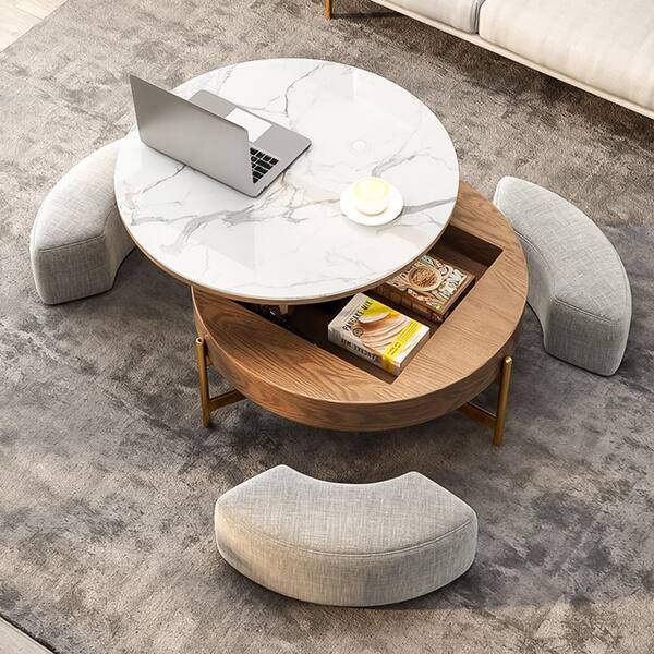 Modern Nesting 31.5 in. Golden White Round MDF Lift-top Coffee Table with  Drawers YYmd-CA-16 - The Home Depot