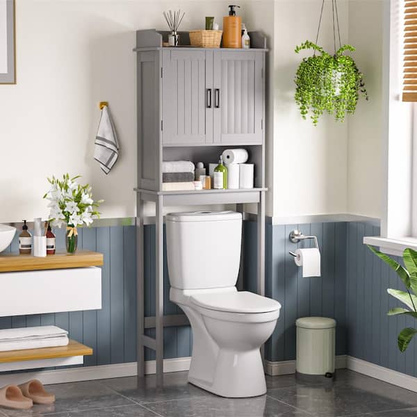 VEIKOUS 21.7 in. W x 66.9 in. H x 7.1 in. D Gray Bathroom Over-the-Toilet Storage with Adjustable Shelf and Doors