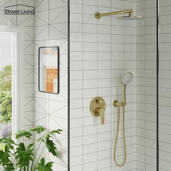 5-Spray 9 in. Wall Mount Fixed and Handheld Shower Head 2.4 GPM in Brushed Gold with cUPC Pressure Balance Valve