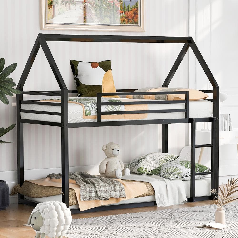 Harper & Bright Designs Black Twin over Twin Metal House Bunk Bed with ...