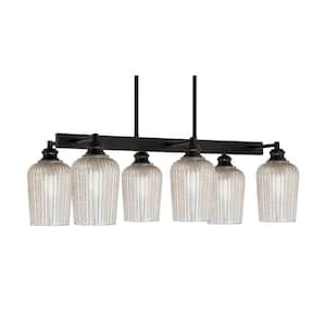 Albany 6 Light Espresso Downlight Chandelier, Linear Chandelier for the Kitchen with Silver Textured Glass Shades