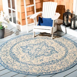 Beach House Cream/Blue 8 ft. x 8 ft. Border Floral Indoor/Outdoor Patio  Round Area Rug