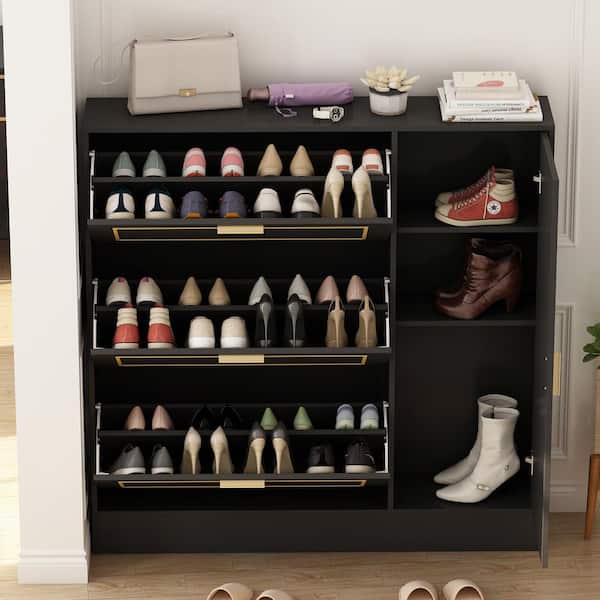 Black Narrow Shoe Storage Cabinet with 3 Shelves Wall Mounted in Medium