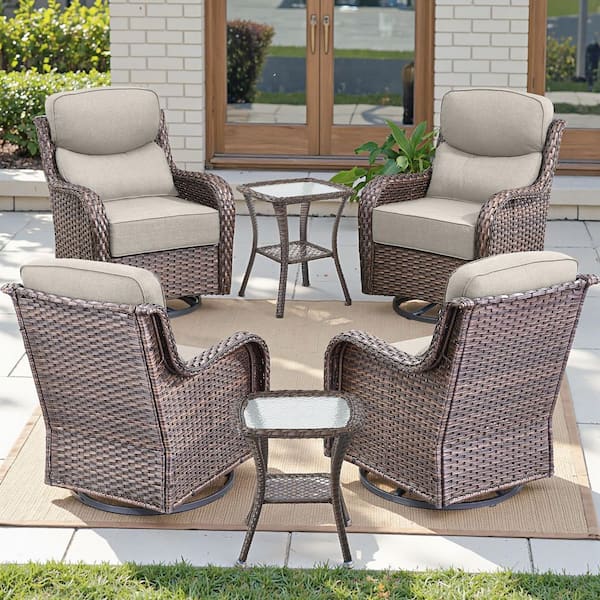 Jhxl Series 6-Piece Brown Wicker Patio Conversation Deep Seating Set with Beige Cushions