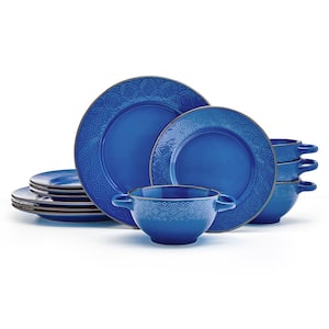 12-Piece Kori Blue Stoneware Dinnerware Set, Service For 4