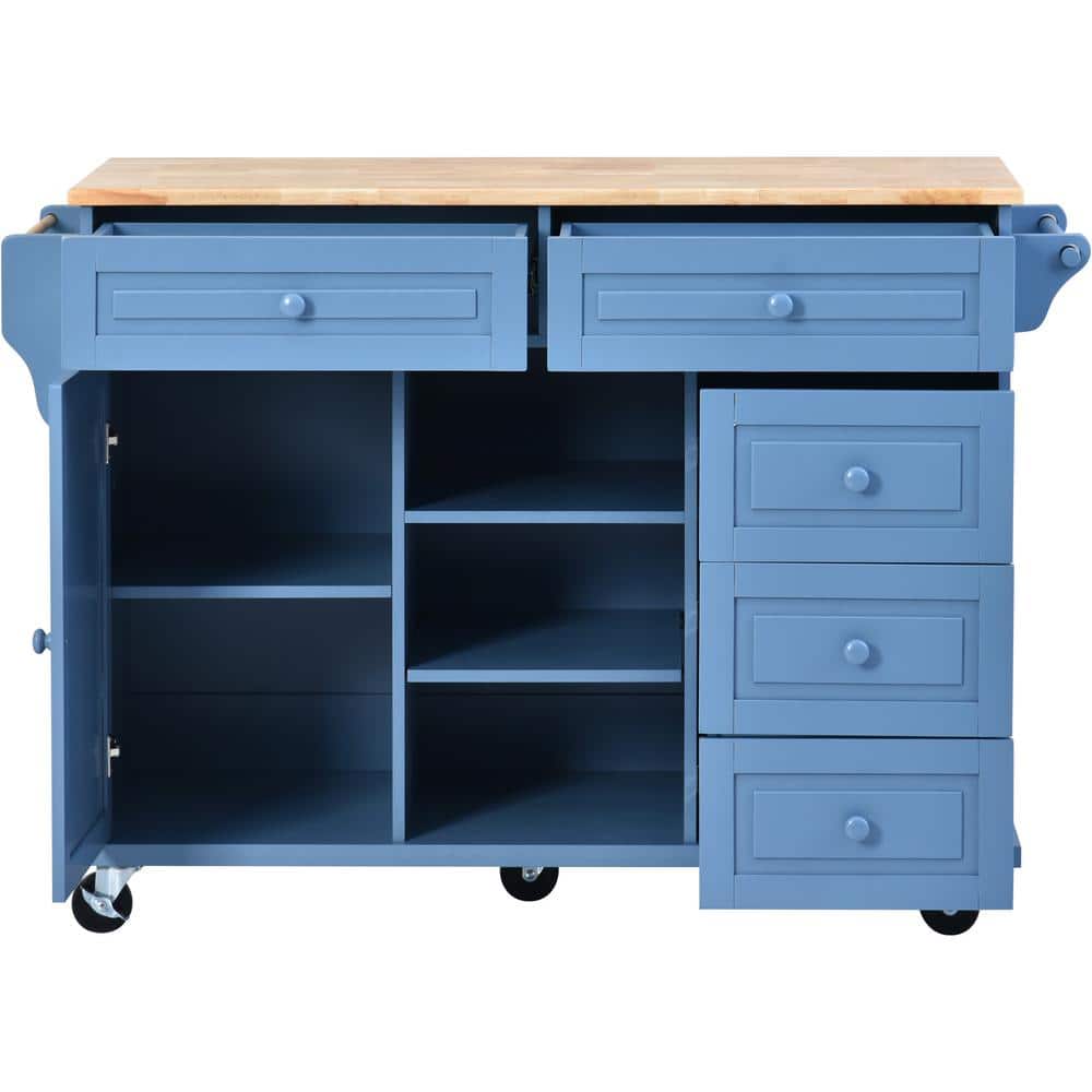 Blue Wood 53" Rolling Kitchen Cart with Spice Rack and Storage
