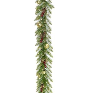 9 ft. x 10 in. Glittery Gold Dunhill Fir Garland with Red Berries, Gold Edged Cones, Gold Ornaments