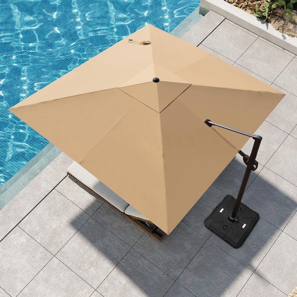 Pellebant 11 ft. Square Aluminum Large Outdoor 360° Rotation Cantilever Adjustable Tilt Patio Umbrella in Tan with Base