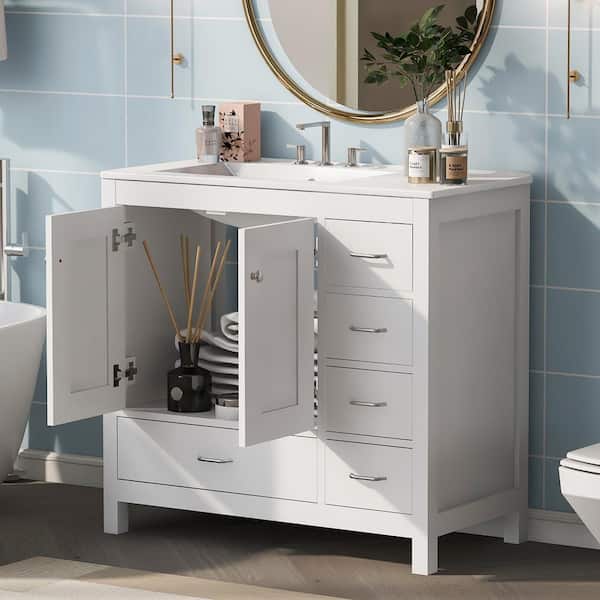 Unbranded 36 in. W x 18 in. D x 33.9 in. H Single Sink Freestanding Bath Vanity in White with White Ceramic Sink Top