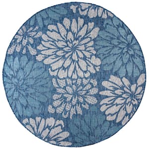 Zinnia Modern Floral Textured Weave Navy/Aqua 3' Round Indoor/Outdoor Area Rug