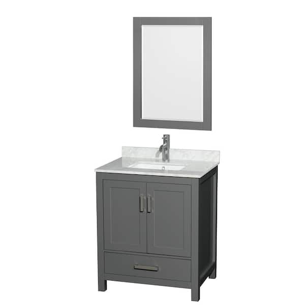 Wyndham Collection Sheffield 30 in. W x 22 in. D x 35.25 in. H Single Bath Vanity in Dark Gray with White Carrara Marble Top and 24" Mirror