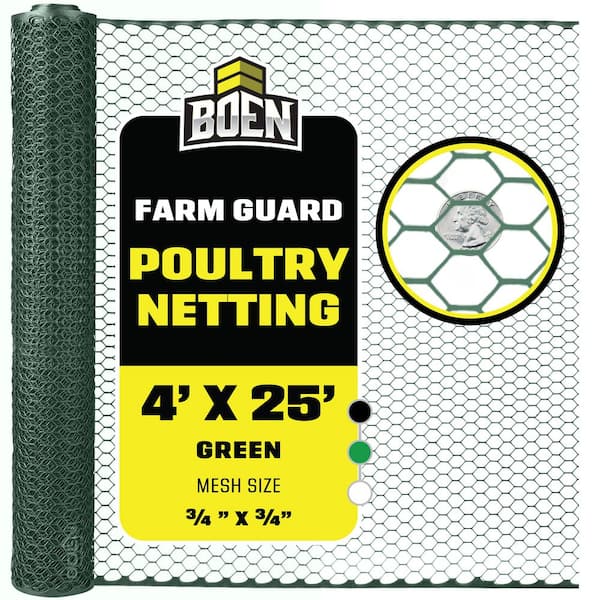BOEN 4 ft. x 25 ft. Plastic Poultry Hex Garden Fence Netting, Green