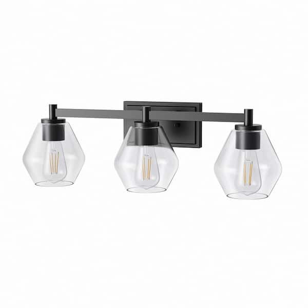 Briignite 25 in. 3-Light Matte Black Cone Vanity Light with Clear Glass Shade Mounting Positions for Bathroom