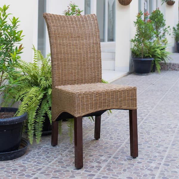 Unbranded Campbell Salak Brown Rattan Wicker Stained Finish Dining Chairs with Mahogany Hardwood Frame (Set of 2)