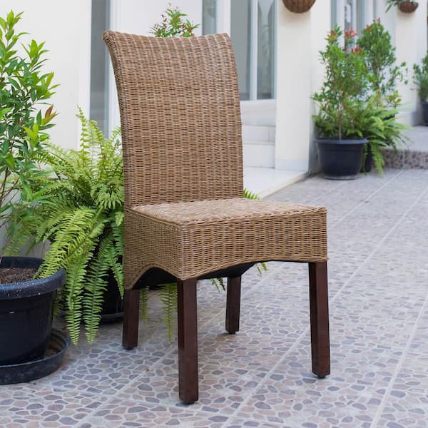 INTERNATIONAL CARAVAN INC Campbell Salak Brown Rattan Wicker Stained Finish Dining Chair with Mahogany Hardwood Frame