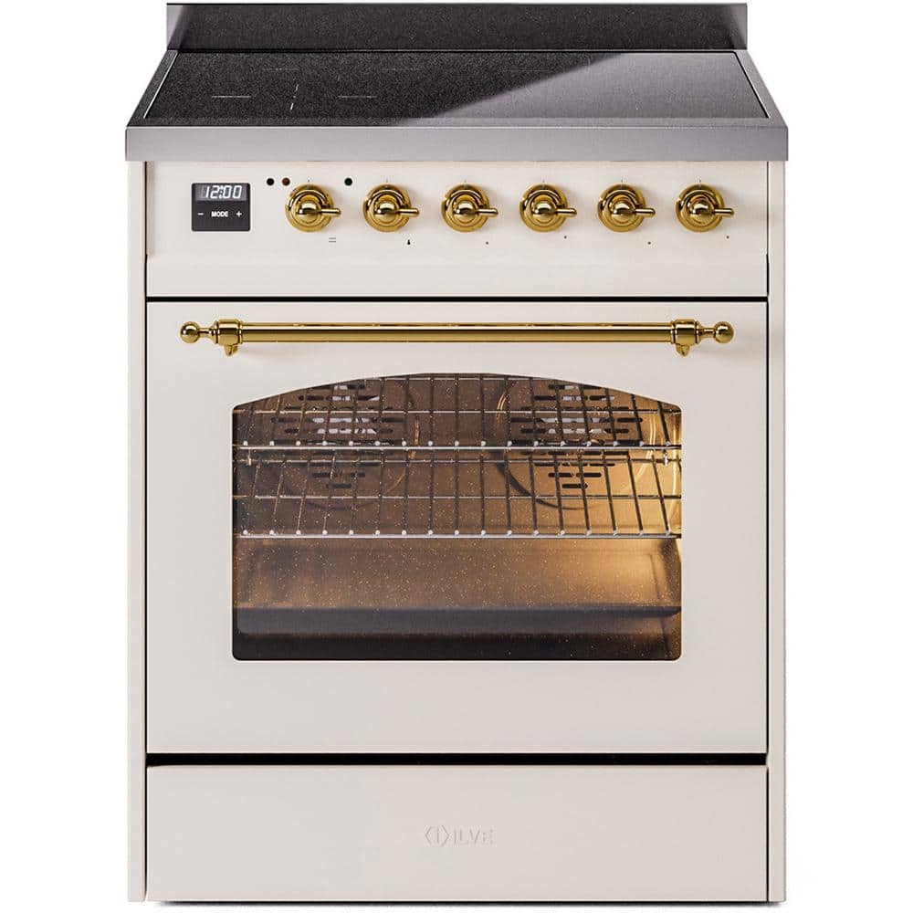 Nostalgie II 30 in. 4 Zone Freestanding Induction Range in Antique White with Brass -  ILVE, UPI304NMPAWG