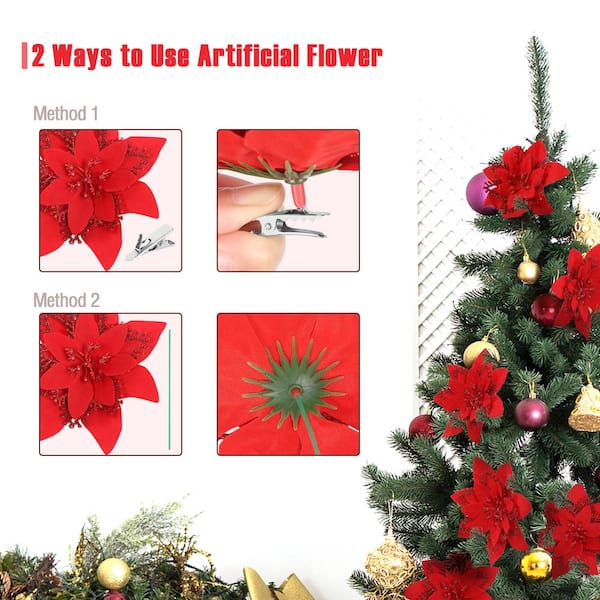 Oumilen 5.5 in. Artificial Poinsettia Christmas Tree Centerpiece Ornaments Decorations, Red (12-Pack)