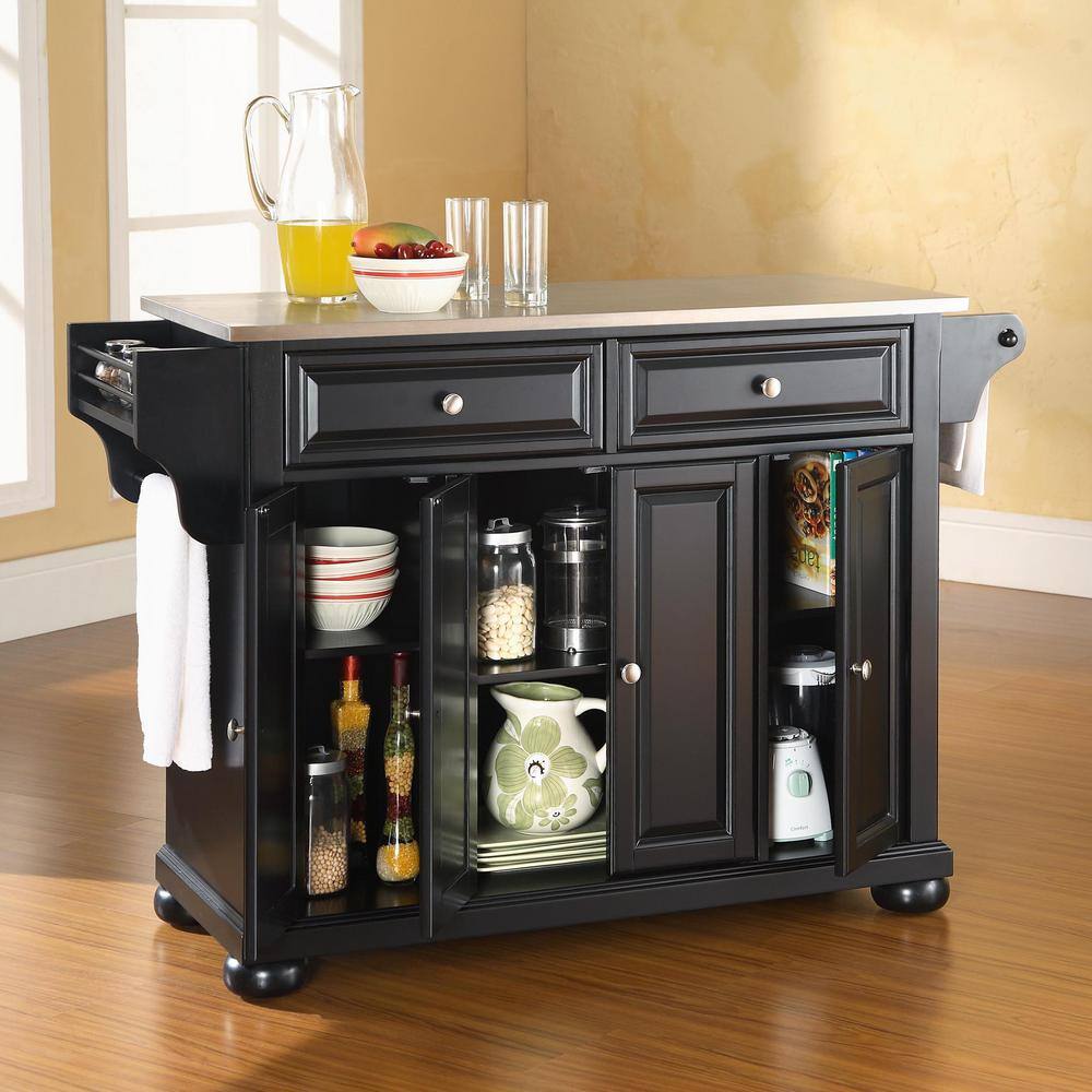 Black Stainless Steel Top Kitchen Island with Storage