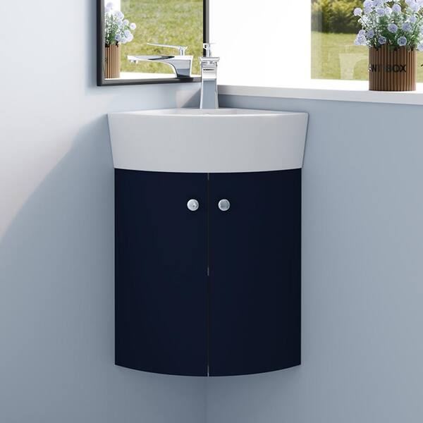 MYCASS 12.80 in.W x 12.80 in.D x 22.80 in.H Corner Bath Vaniy in Navy Blue with White Ceramic Top