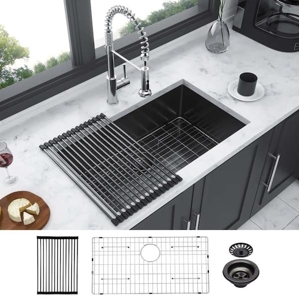 Lindra 32 in. L x 19 in. W Black Undermount Single Bowl Stainless Steel Kitchen Sink with Grid, Strainer and Drying Rack