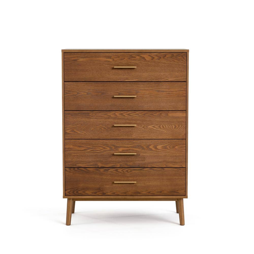 Walnut Brown Mid-Century Modern 5-Drawer Chest with Brass Handles
