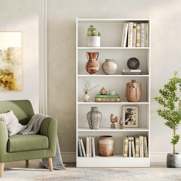 BYBLIGHT Eulas 72 in. Tall White Wood 5-Shelf Standard Bookcase
