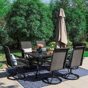 7-Piece Patio Outdoor Dining Set with Rectangle Slat Table and Rattan Swivel Chair