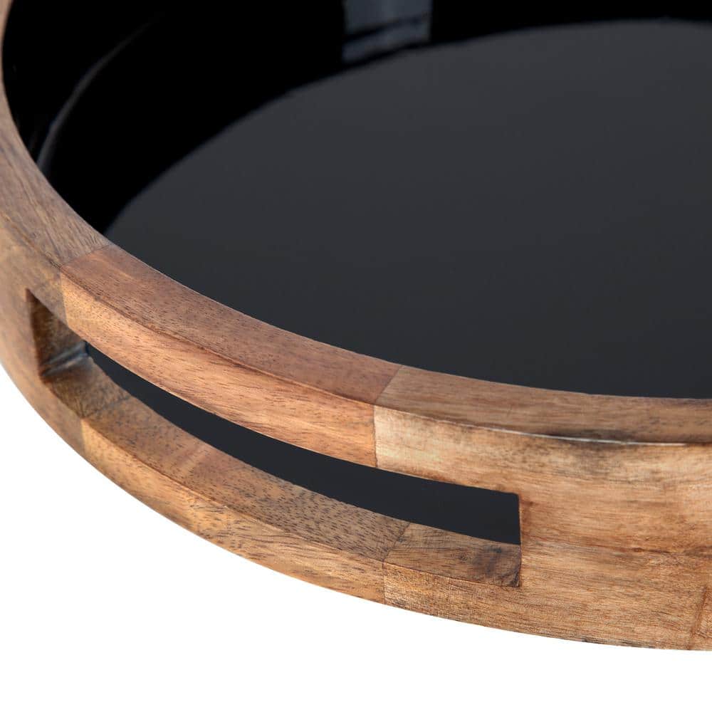 Natural and Black Round Mango Wood Tray with Handles