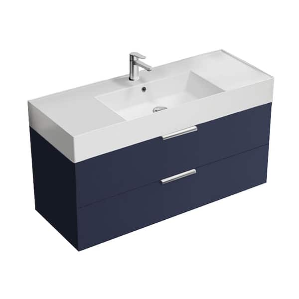 Nameeks Derin 47.64 in. W x 18.11 in. D x 25.2 in. H Modern Wall Mounted Bathroom Vanity in Night Blue with White Ceramic Top